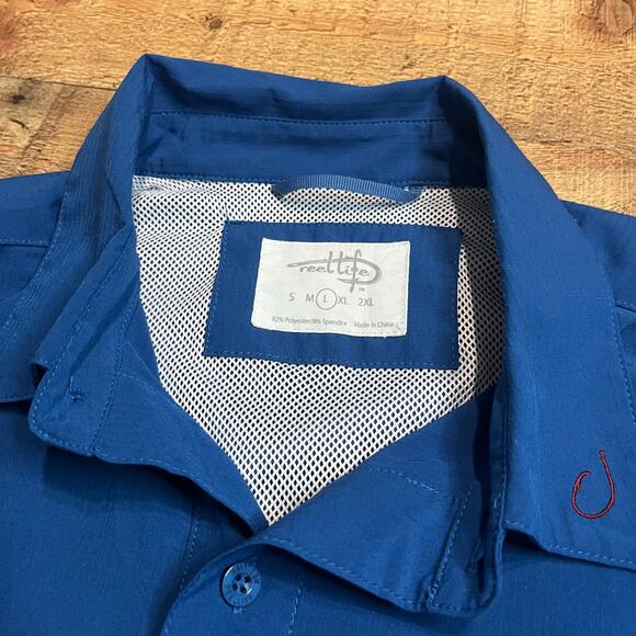 Reel Life Fishing Men Blue Long Sleeve Roll Tab Button Up Shirt Sz L Performance - Picture 5 of 5